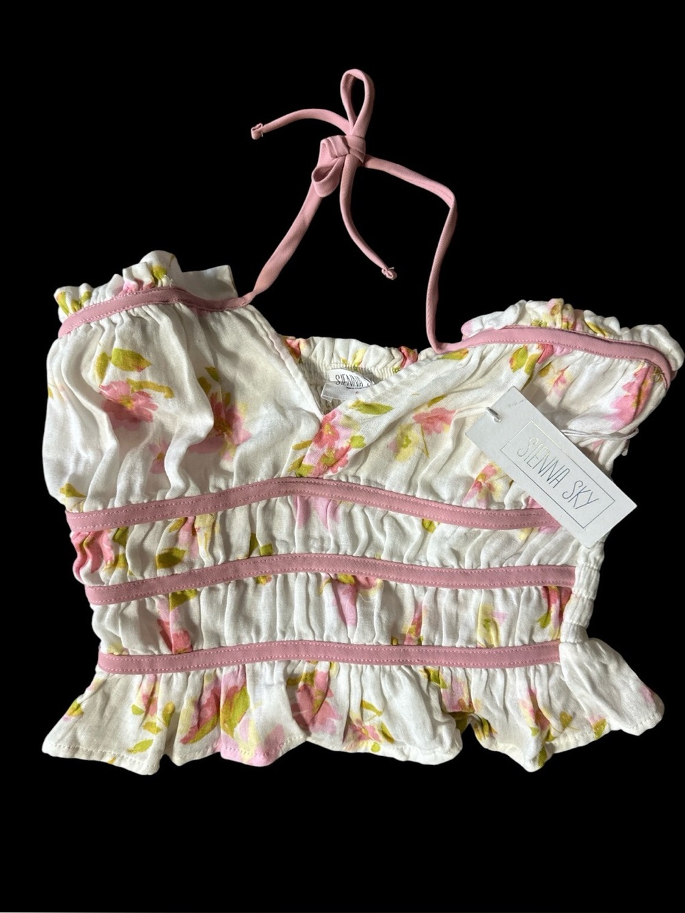 Sienna Sky White Floral Smocked Halter Crop Top with Pink Trim. Small
